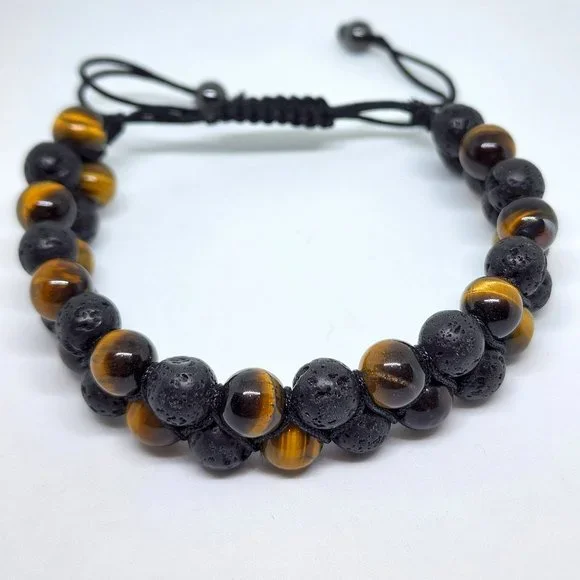 Natural Tiger Eye Black Lava Stone Double Strand Adjustable Lariat Bracelet